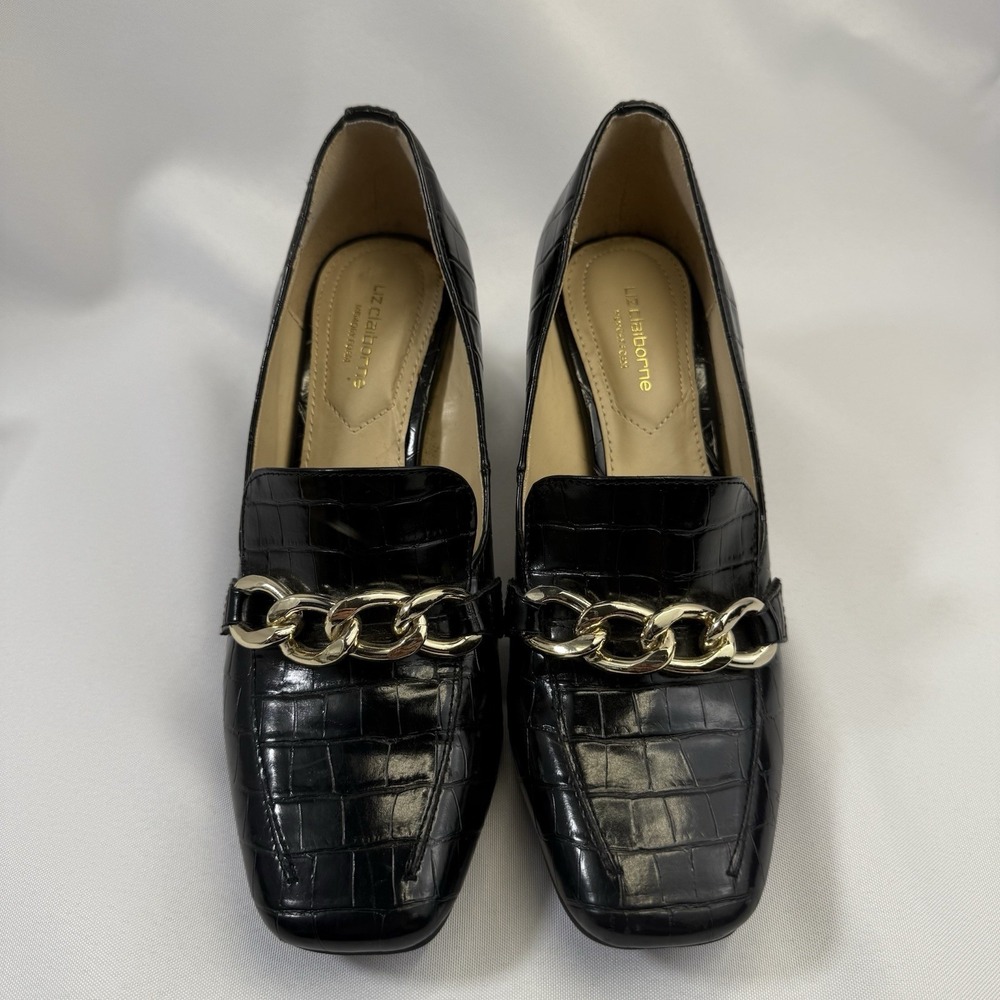 Liz Claiborne Croc Embossed Block Heel Loafers Black W/Gold‎ Chain Size 6 Classy